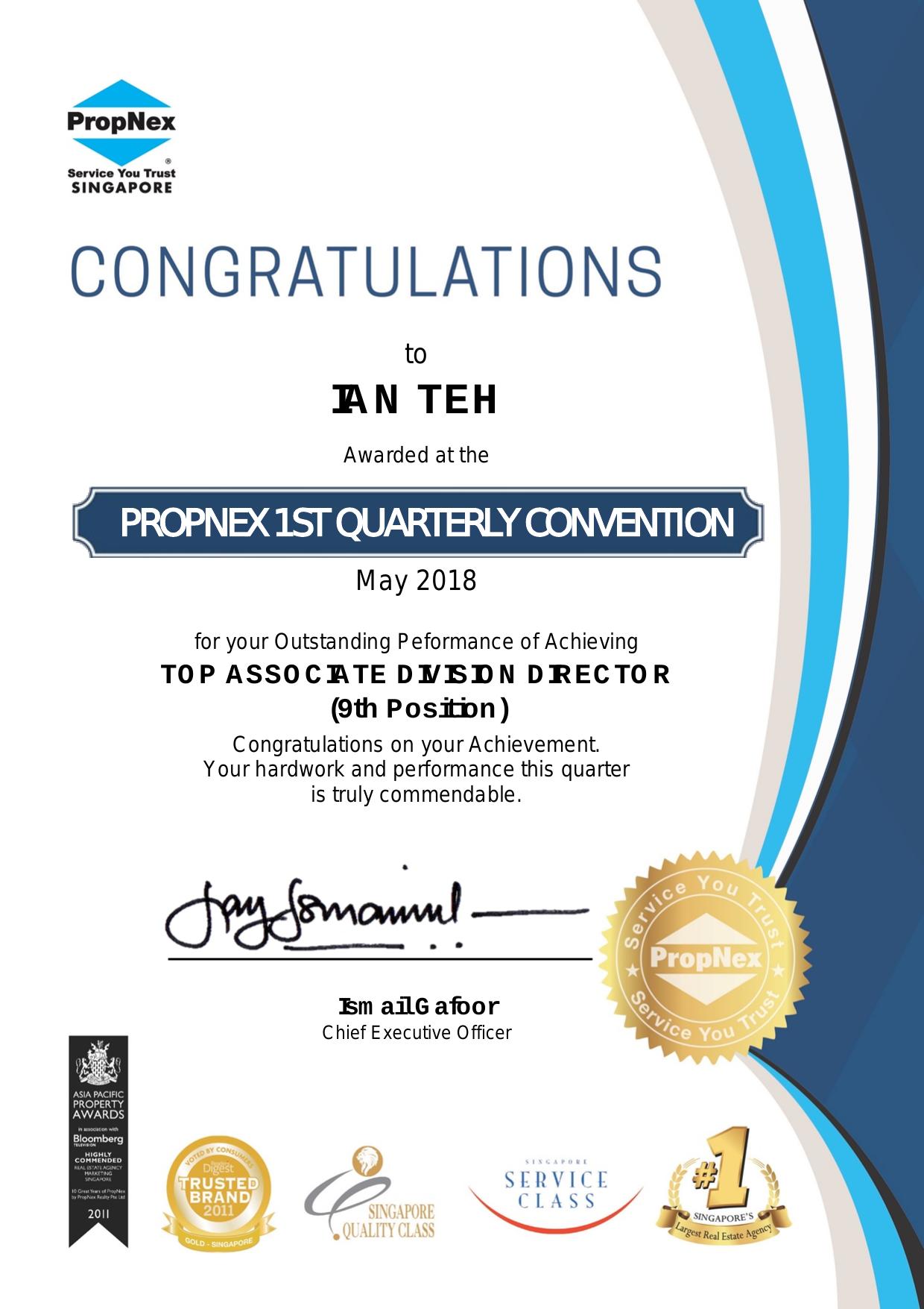 PropNex 1st Quarterly Convention · Top Associate Division Director (9th) · May 2018