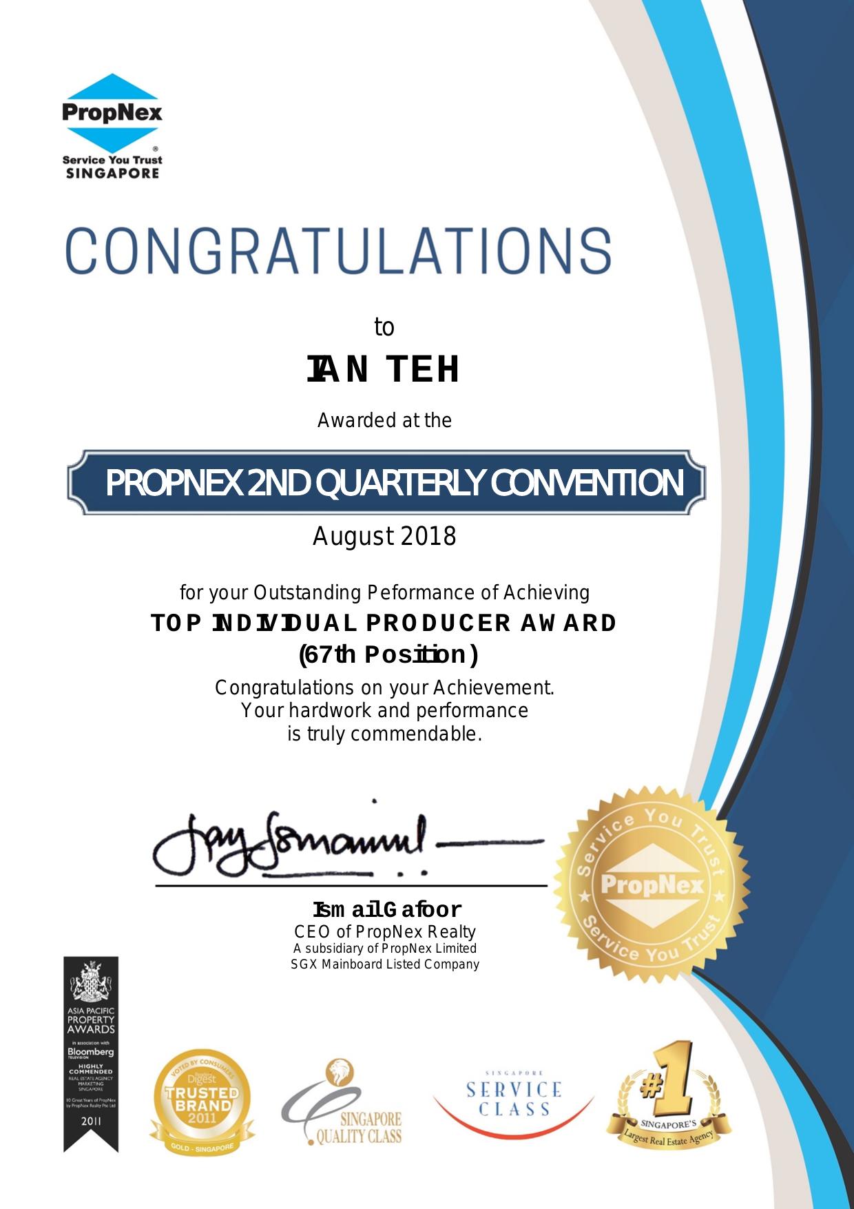PropNex 2nd Quarterly Convention · Top Individual Producer (67th) · August 2018