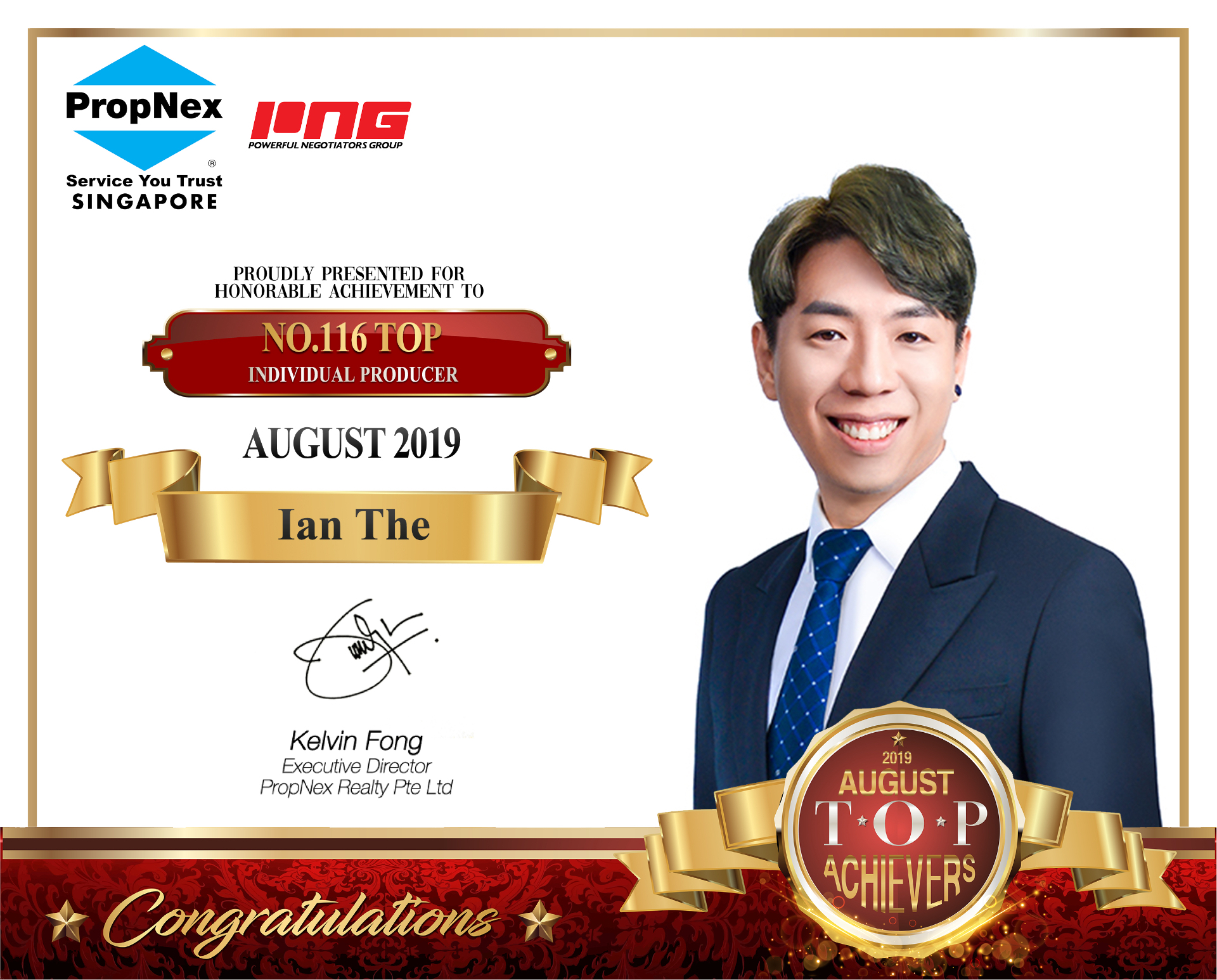 PropNex Top 116th Individual Producer · August 2019
