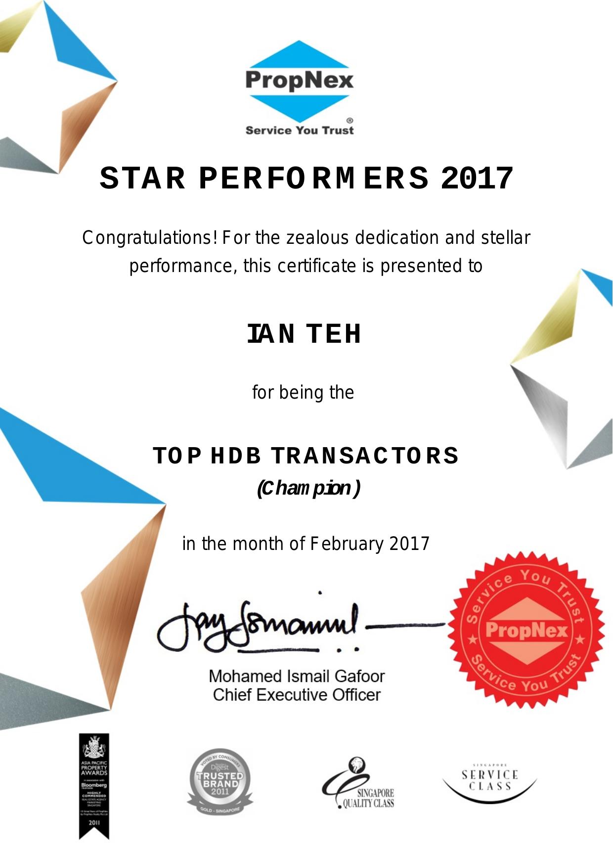 Star Performers · Champion HDB Transactor · February 2017