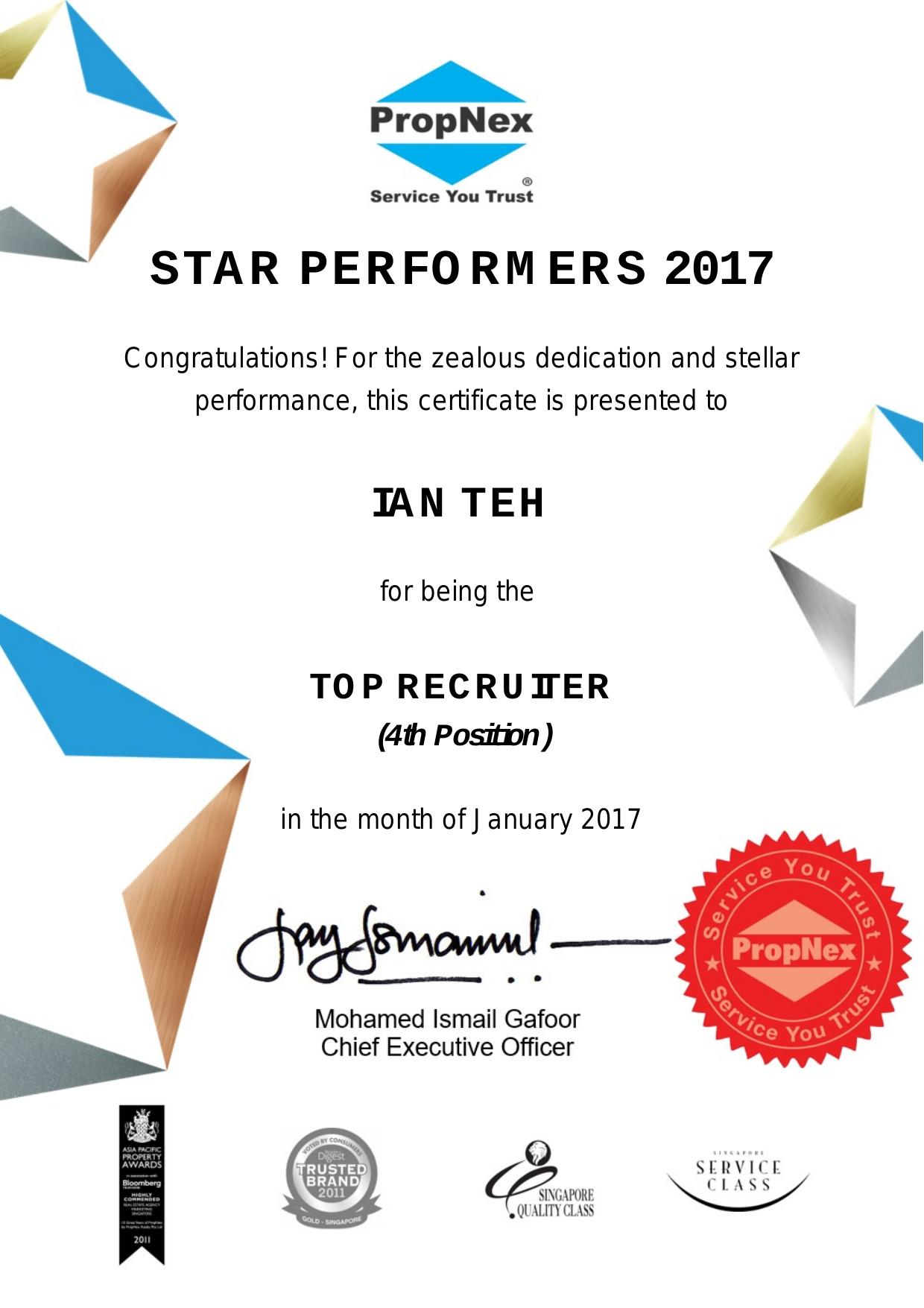 Star Performers · Top Recruiter (4th) · January 2017