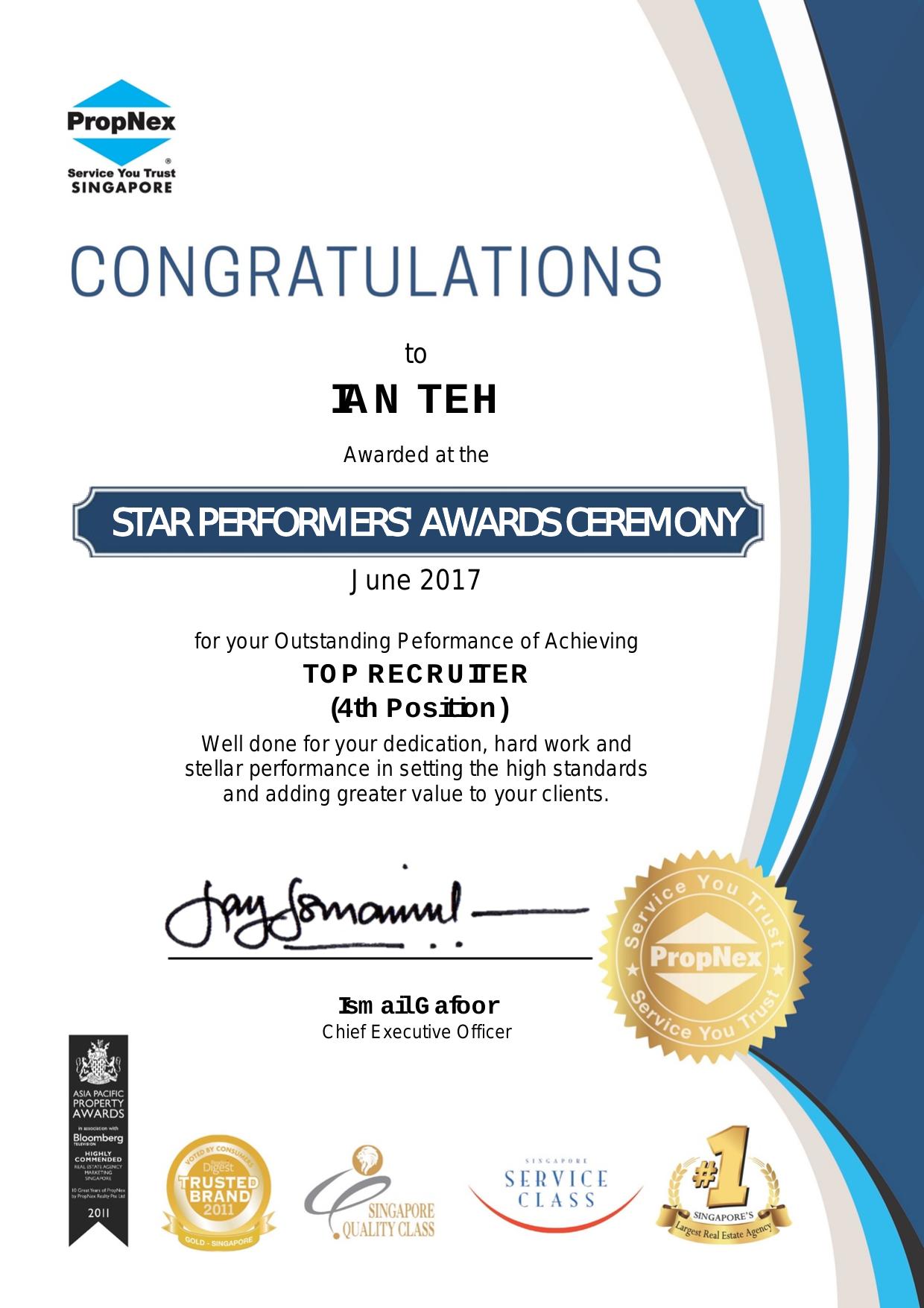 Star Performers Awards Ceremony · Top Recruiter (4th) · June 2017