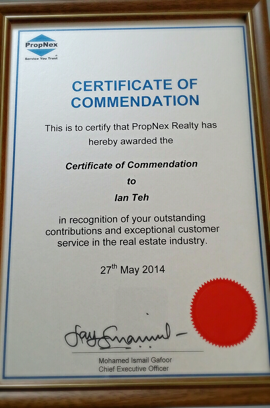 PropNex Certificate of Commendation · 27 May 2014