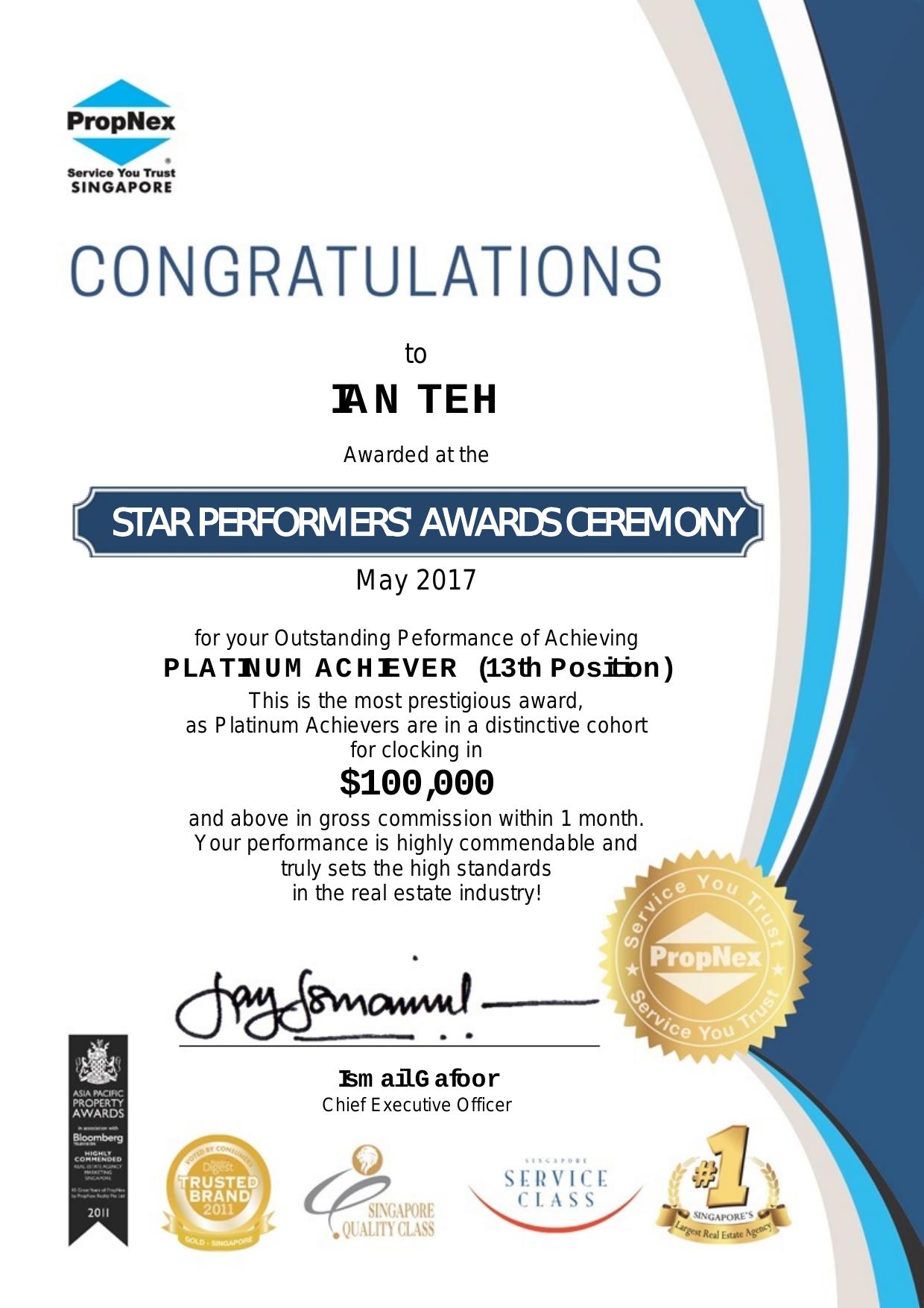 Star Performers · Platinum Achiever (13th) · May 2017