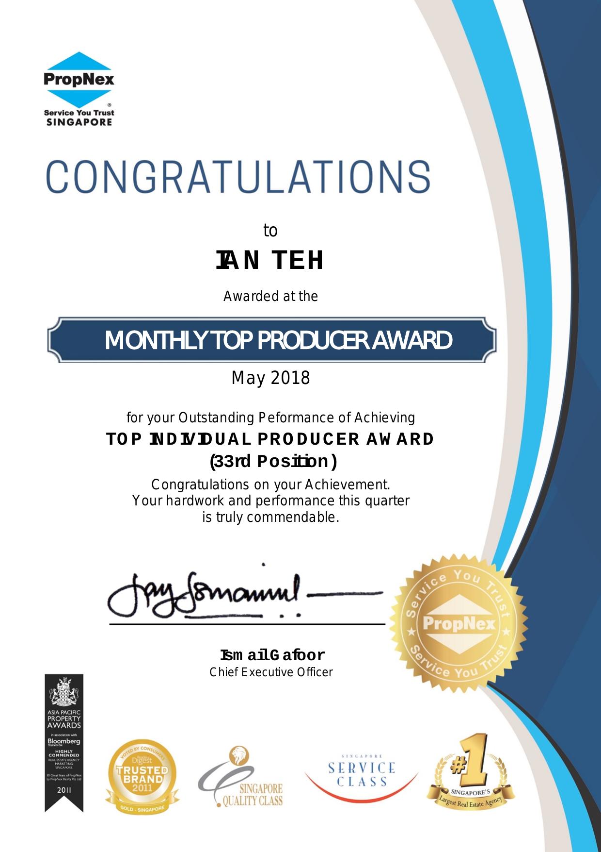 PropNex Top Individual Producer · May 2018