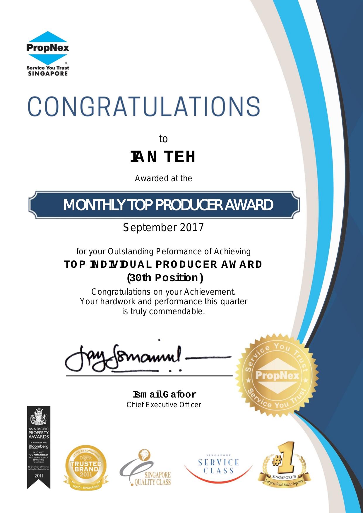 PropNex Monthly Top Producer (30th) · September 2017